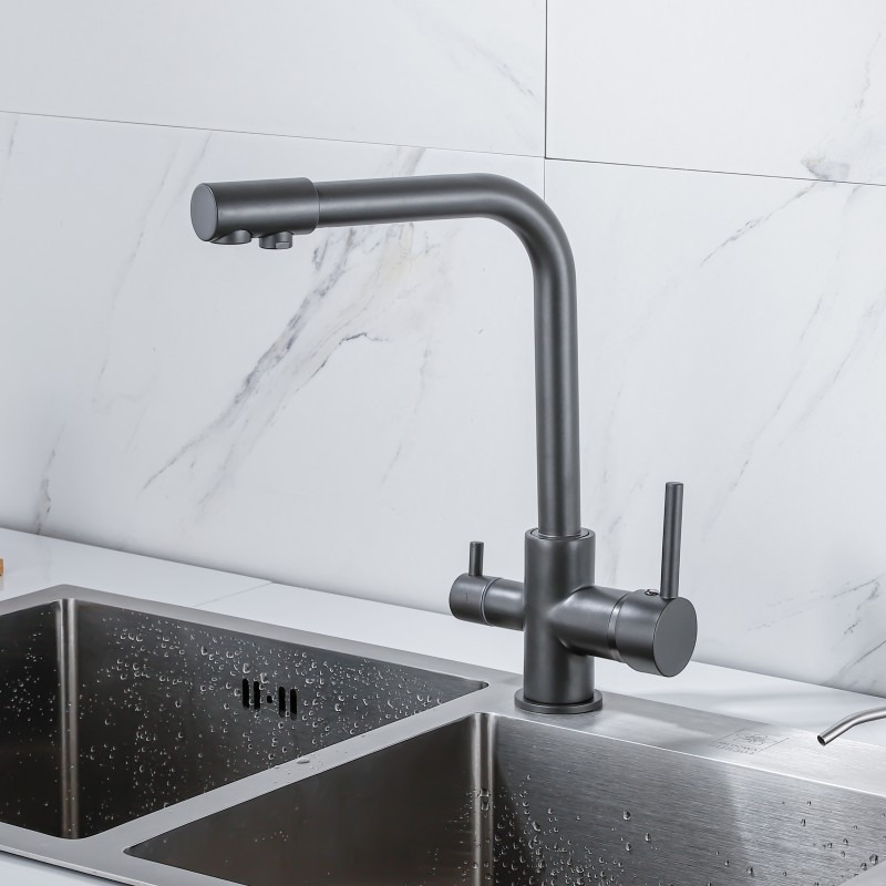 KSM-KF-RO01 Gunmetal Grey 3-Way Pull-Out Kitchen Mixer with Isolated RO Drinking Waterway - Quanzhou Keshiman Sanitaryware Source Factory Wholesale (Low-Lead DZR/H59 Solid Brass + Isolated Food-Grade PEX Tube, PVD Brushed Gunmetal Grey + Anti-Scale Nano Coating)