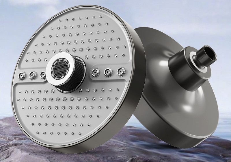 KSM-SS-OH07 7-Inch Round 5-Mode Liquid Silicone Self-Cleaning Overhead Rain Shower Head - Quanzhou Keshiman Sanitaryware Source Factory Wholesale (Engineering Grade ABS + Brass Swivel Ball Joint, 6-Layer Mirror Chrome / Matte Black)