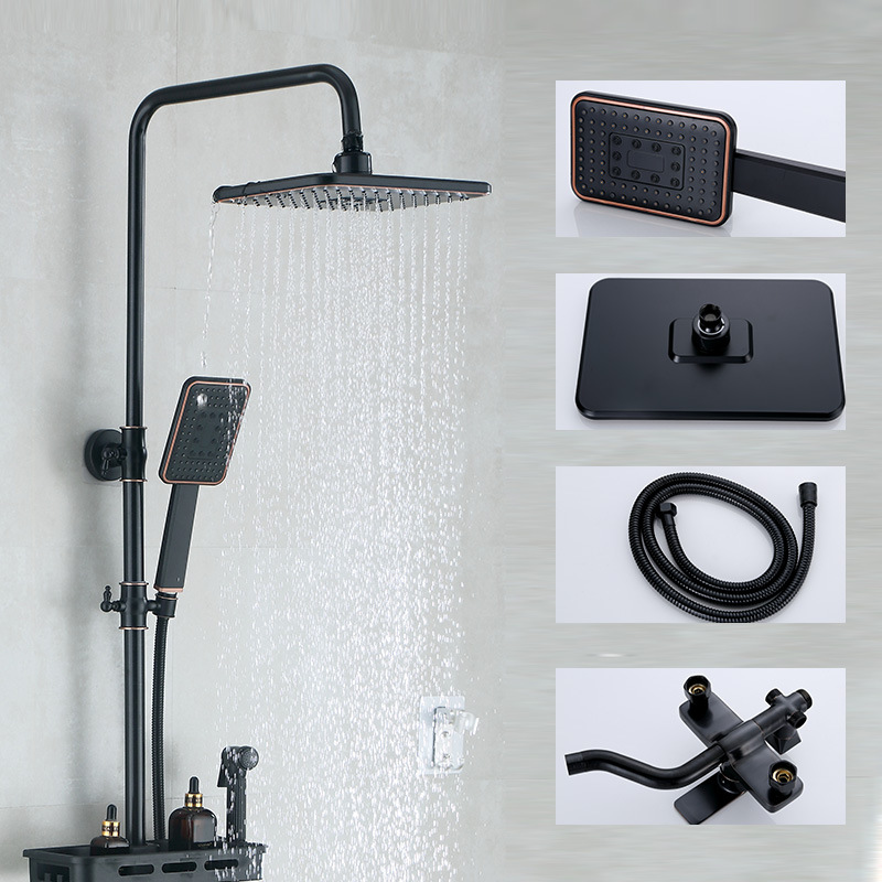 KSM-SS-AB04 Antique Bronze & Matte Black Solid Brass 4-Function Exposed Rain Shower Set - Quanzhou Keshiman Sanitaryware Source Factory Wholesale (Thickened Solid Brass Main Body & Diverter Manifold, 6-Layer Brushed Antique Bronze & Matte Black)