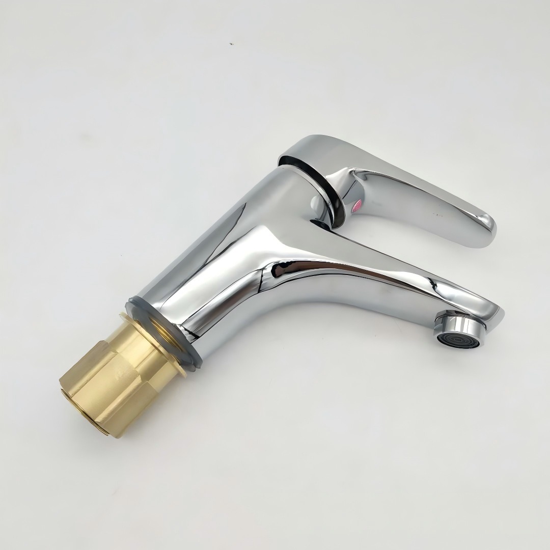 KSM-BF-SL04 Heavy-Shank Solid Brass Mirror Chrome Single-Lever Bathroom Basin Mixer - Quanzhou Keshiman Sanitaryware Source Factory Wholesale (One-Piece Gravity-Cast Solid Brass + Extended Brass Locknut, 6-Layer Mirror Chrome Electroplating)