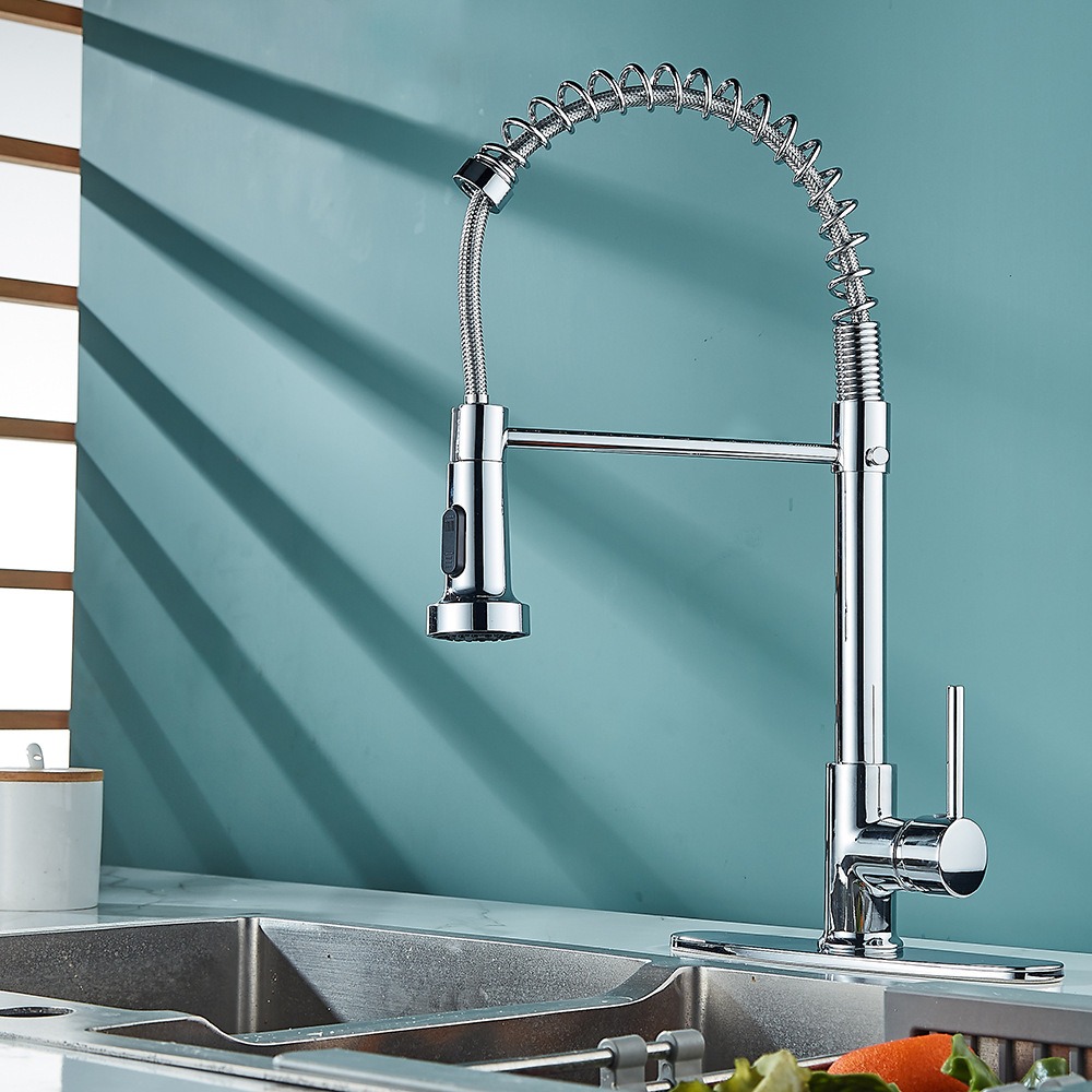 KSM-KF-SP04 6-Layer Mirror Chrome Commercial Spring Pull-Down Kitchen Faucet - Quanzhou Keshiman Sanitaryware Source Factory Wholesale (Thickened Low-Lead Solid Brass Body, 6-Layer Mirror Chrome Electroplating (24h ASS))