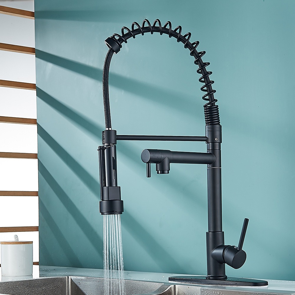 KSM-KF-SP02 Anti-Fingerprint Matte Black Commercial Dual-Spout Spring Kitchen Faucet - Quanzhou Keshiman Sanitaryware Source Factory Wholesale (Thickened Low-Lead Solid Brass Body + SUS304 Spring Arch, Hydrophobic Matte Black Nano Coating (24h ASS Tested))
