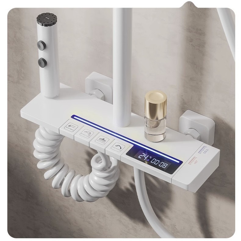 KSM-SS-TH01 Hydro-LED Digital Piano-Key Thermostatic Solid Brass Rain Shower System - Quanzhou Keshiman Sanitaryware Source Factory Wholesale (Thickened One-Piece Gravity-Cast Low-Lead Solid Brass, Gunmetal Grey / Cream White Nano Easy-Clean Coating)