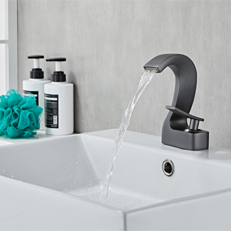 KSM-BF-WF01 Solid Brass Gunmetal Grey Waterfall Spout Single-Lever Bathroom Basin Mixer - Quanzhou Keshiman Sanitaryware Source Factory Wholesale (Thickened One-Piece Gravity-Cast Low-Lead Solid Brass, PVD Brushed Gunmetal Grey / Matte Black / Chrome)
