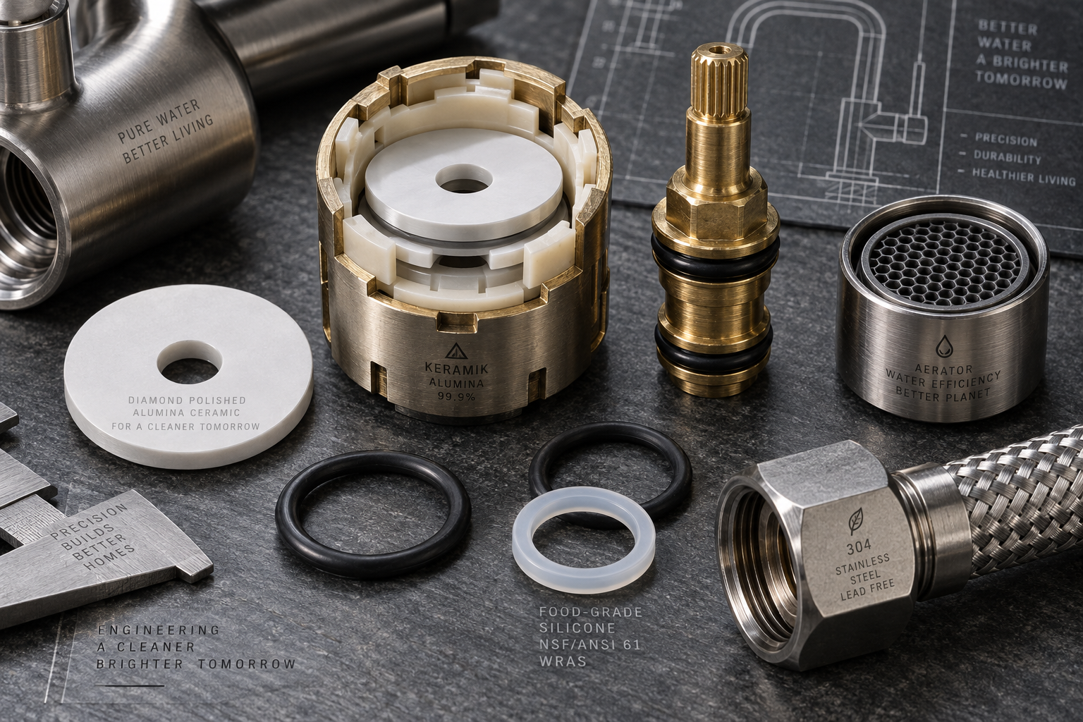 Internal Engineering Close-up: Solid Brass Valve Core, 99.9% Alumina Ceramic Disc, 304 Lead-Free Braided Hose, and EPDM Seals