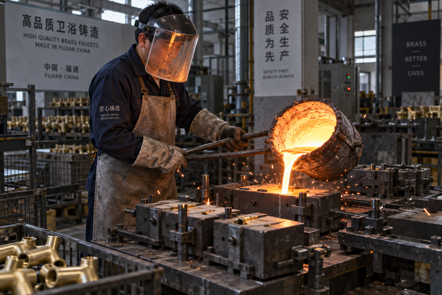 Solid Brass Gravity Casting Workshop in Quanzhou Fujian Producing One-Piece Faucet Bodies