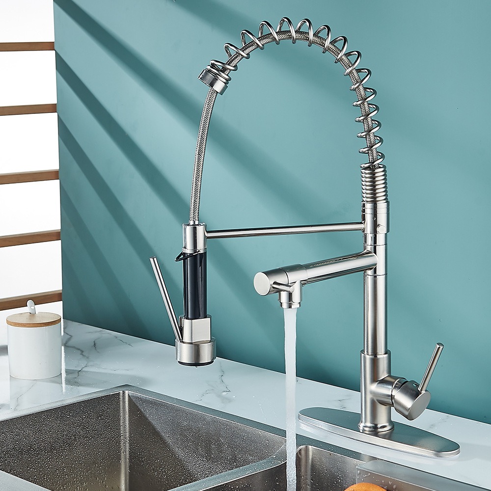KSM-KF-SP01 Commercial Dual-Spout Spring Pull-Down Kitchen Mixer Faucet in Brushed Nickel