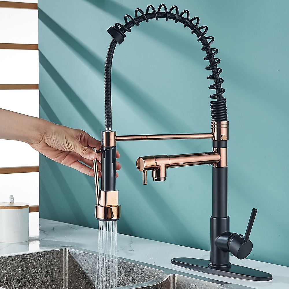 KSM-KF-SP03 Matte Black and PVD Rose Gold Commercial Dual-Spout Spring Kitchen Mixer